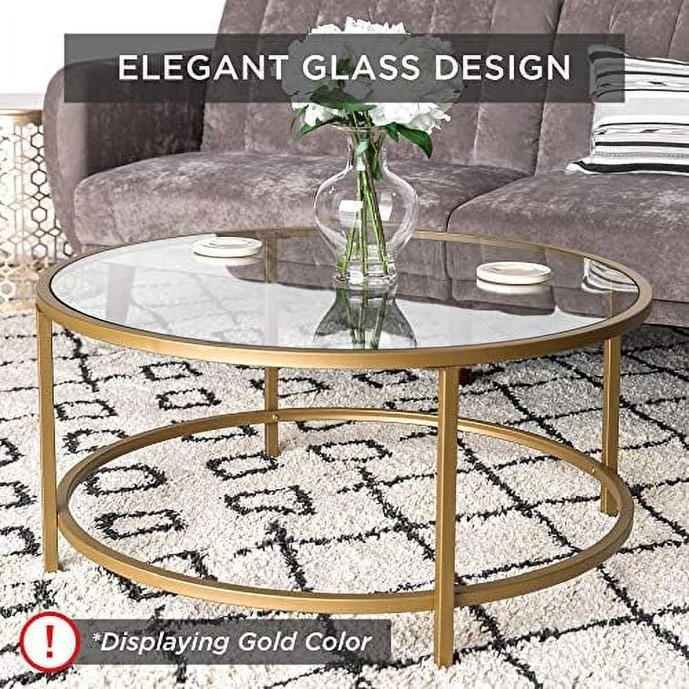 RUNFAYBIU 36in Modern Round Tempered Glass Accent Side Coffee Table for Living Room  Dining Room  Tea   w/Metal Frame  Non-Marring Foot Caps - Gray