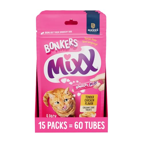 BONKERS Mixx, Wet Lickable Tube Tender Chicken Flavor Cat Treats, Real Meat Treats, Treats for Training or Food Topper, for All Breeds and Ages, Value Pack (15 Pack, 60 Tubes)