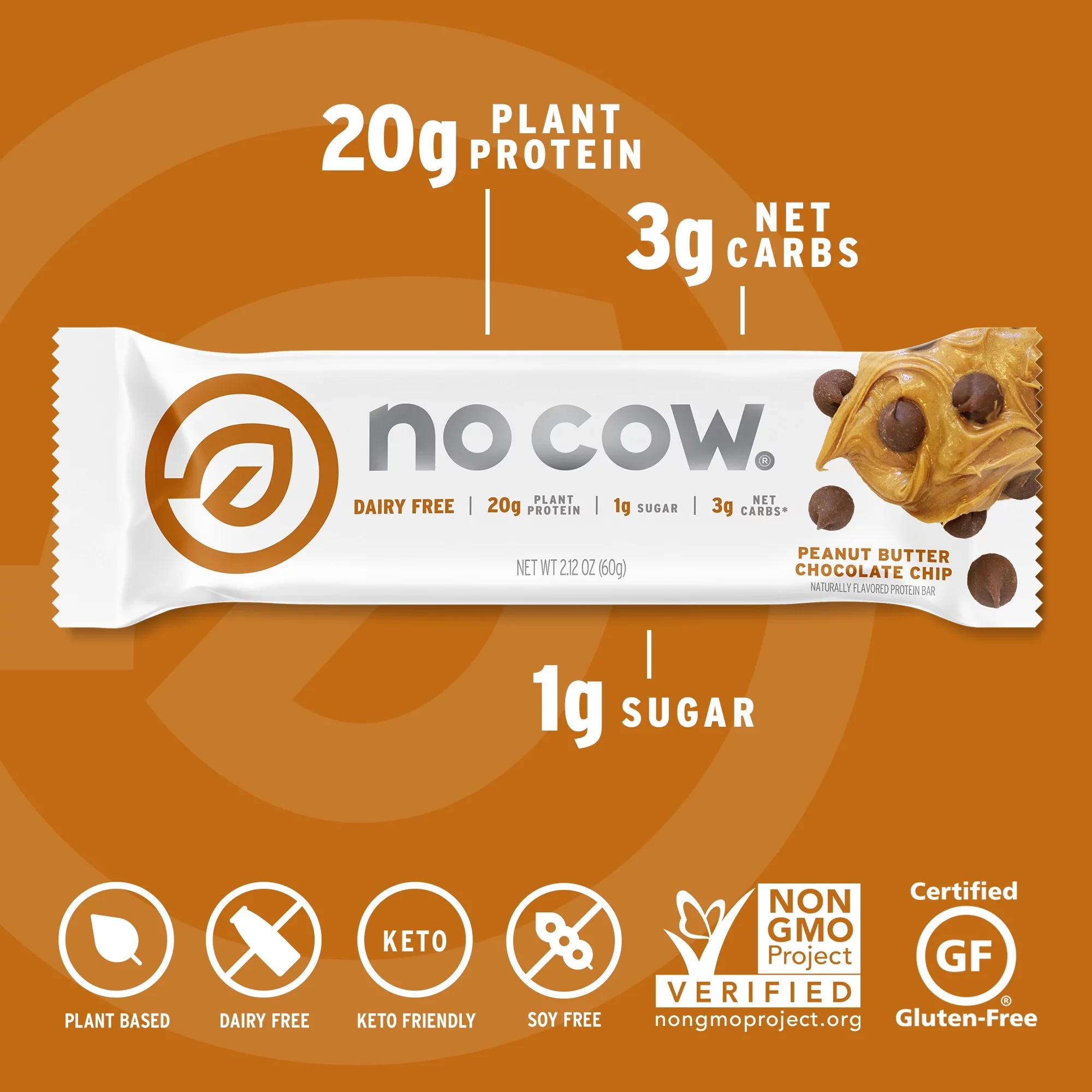 No Cow Vegan Protein Bars, Peanut Butter Chocolate Chip, Box of 12