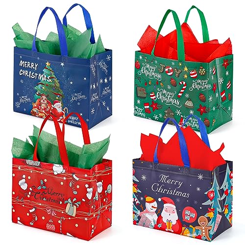 YANGTE 20 Pack Christmas Gift Bags Assorted Sizes, Reusable Tote Bags with Handle, Includes 4 Large 8 Medium 8 Small Non-Woven Christmas Bags for Xmas Party Favors