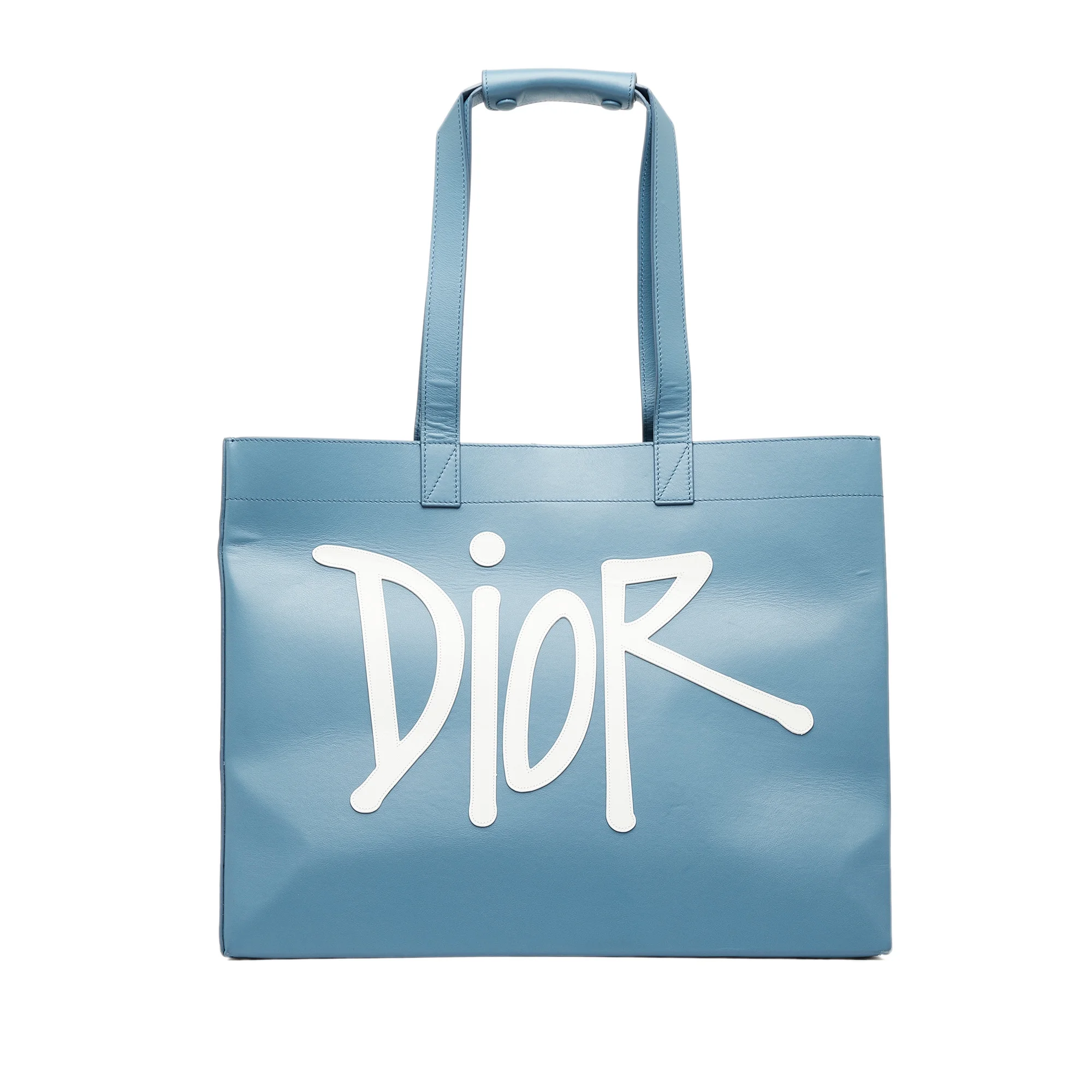 Pre-Owned Authenticated Dior x Stussy Large Logo Applique Tote Calf Leather Blue Tote Bag Unisex (Good)
