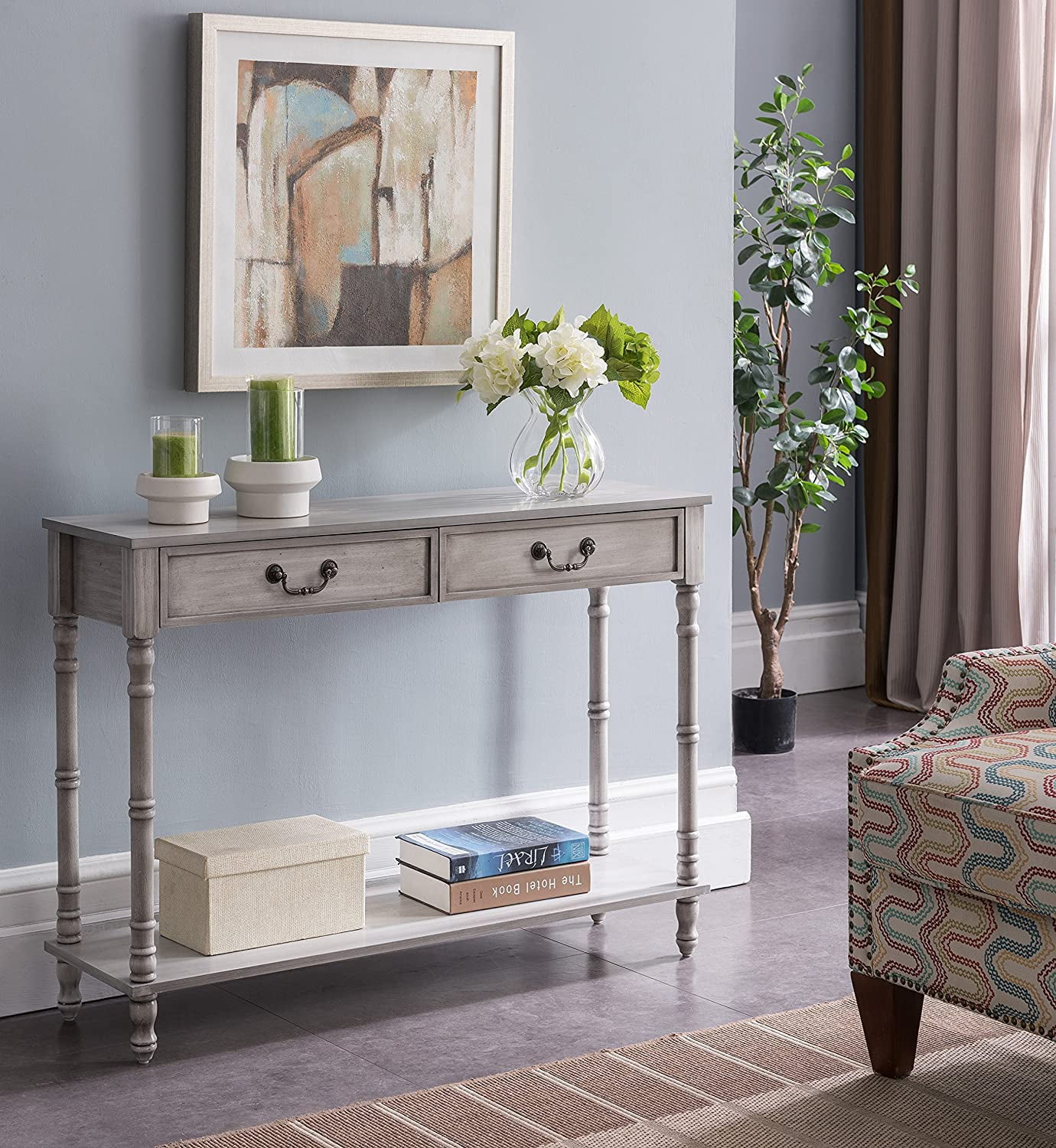 TJUNBOLIFE \u2013 2 Drawer Wooden Hall Console Sofa Table  Washed Oak Finish