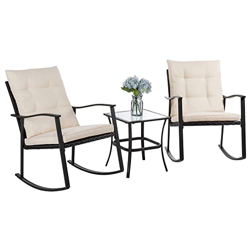Shintenchi 3 Piece Rocking Bistro Set, Outdoor Furniture with Rocker Chairs and Glass Coffee Table Set of 3, Balcony, Porch Furniture for Small Space, Brown