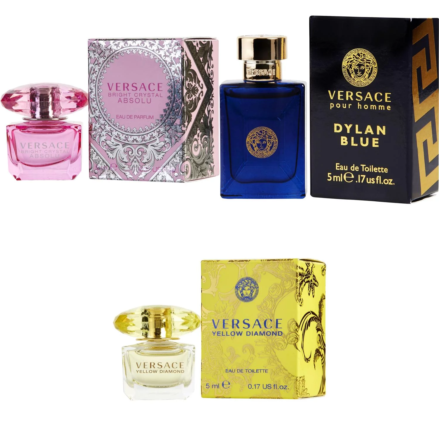 Versace Bright Crystal Absolu EDP, Dylan Blue EDT, Yellow Diamond  EDT - 5ml 3PK Kit