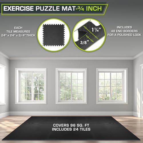 ProsourceFit Extra Thick Puzzle Exercise Mat , EVA Foam Interlocking Tiles for Protective, Cushioned Workout Flooring for Home and Gym Equipment, Black - 3/4 inch - 96 Sq Ft - 24 Tiles