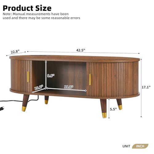 42.5'' Oval Wood Coffee Table with Storage, Charging Station and Sliding Door, Mid Century Modern Fluted Coffee Table Center Tables Tea Table for Living Room Apartment, Black & Gold