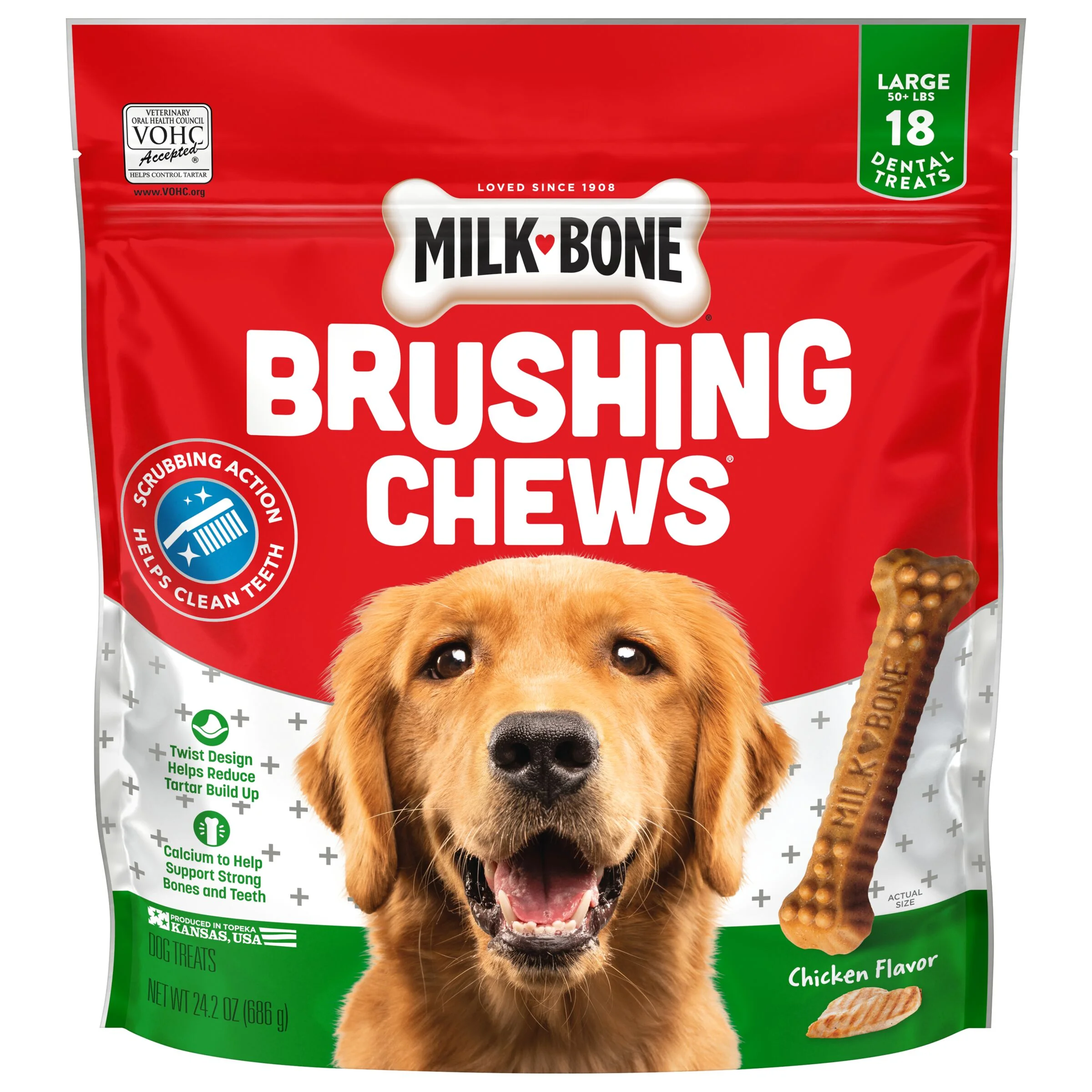 Milk-Bone Brushing Chews Daily Dental Dog Treats, Large, 24.2 oz. Bag, 18 Bones per Bag