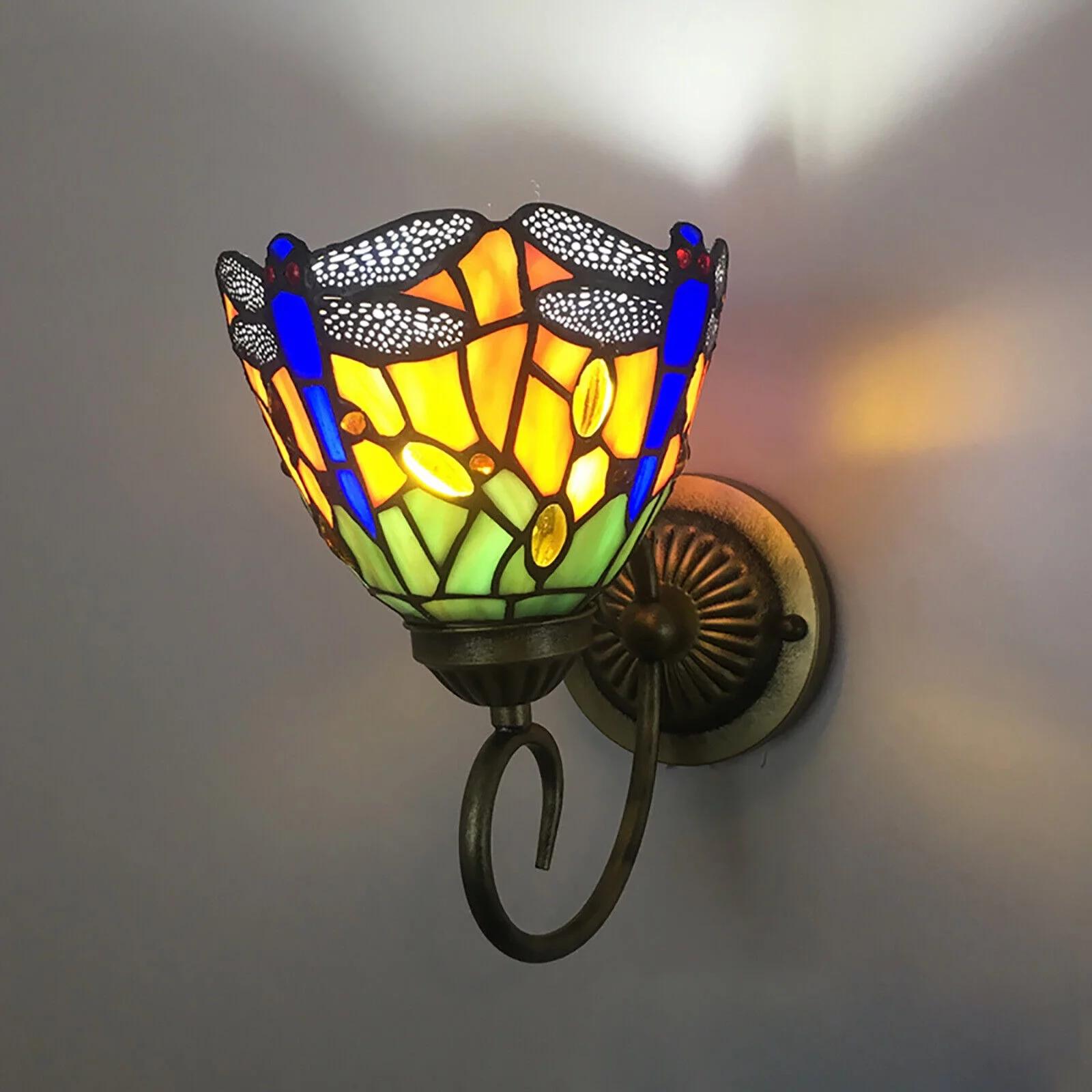 Antique Tiffany Dragonfly Wall Lamp Stained Glass Wall Sconce Light Fixture 60W