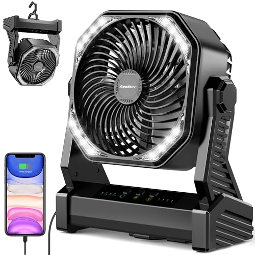 20000mAh Camping Fan, Rechargeable Portable Fan with 400 Lumes Light, 360° Rotatable Hook, 270° Pivot, 4 Speeds, 58Hrs Battery Powered for Tent Car Trip Outdoor BBQ Hurricane Power Outages