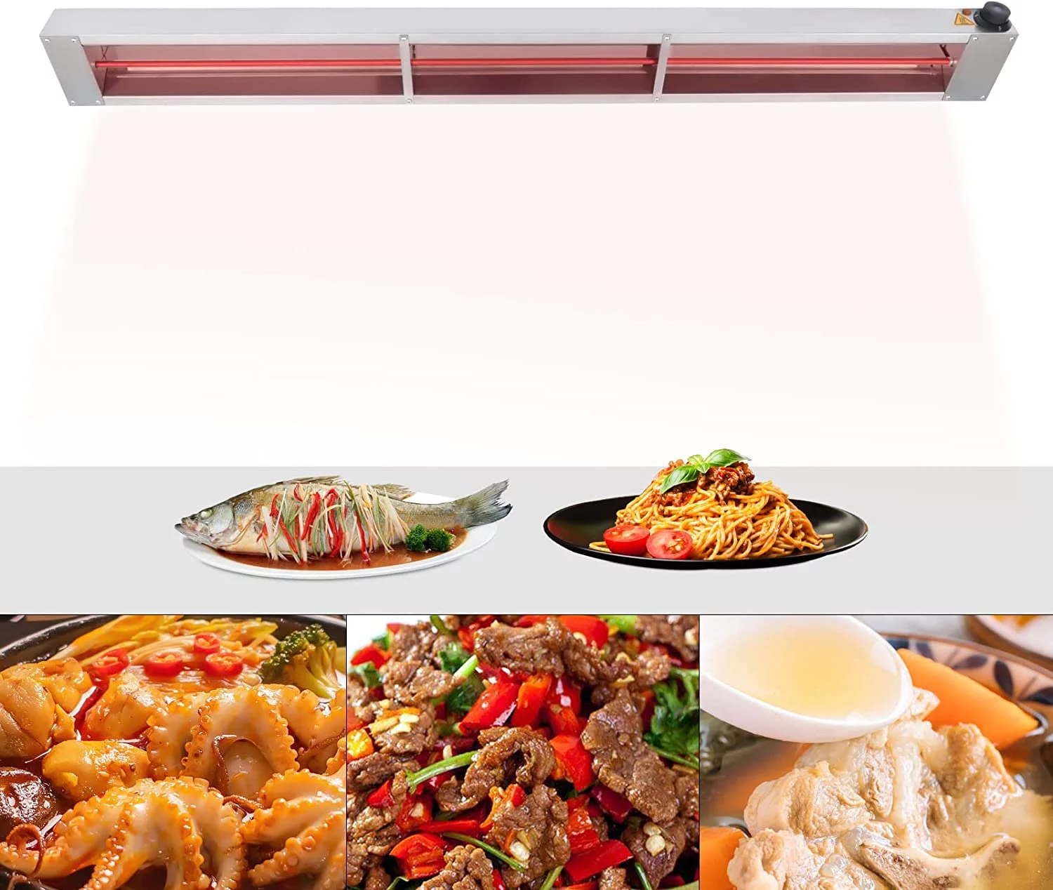 Miumaeov 60'' Stainless Steel Commercial Electric Strip Food Heater Electric Food Warmer with Cord and Plug 110V 1000 W Commercial Heat Lamp Overhead Food Warmer