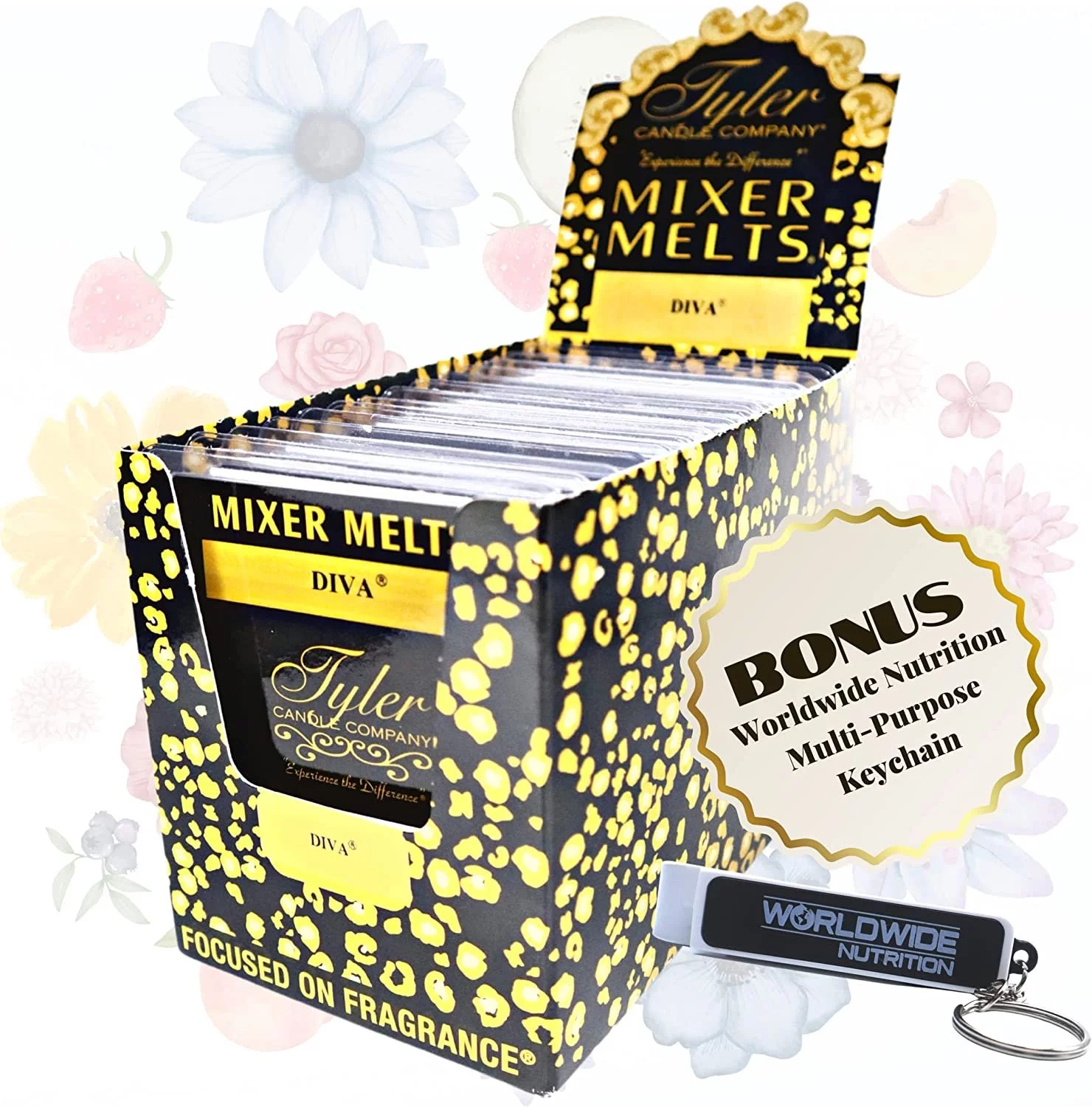 Tyler Candle Company Diva Scent Wax Melts - Scented Mixer Melts with Essential Oils for Wax Warmer - Box of 14, 6 Bars per with Worldwide Nutrition Multi Purpose Key Chain