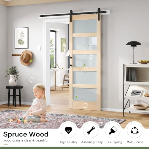 42x84 inch Glass Sliding Barn Door Slab with 7ft Hardware Kit Included, 5-Panel Frosted Glass, Spruce Wood Support DIY Dyeing, Easy Assembly
