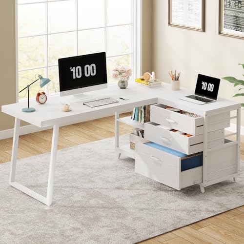 Tribesigns L-Shaped Desk with 3 Drawers, Reversible Corner Home Office Computer Desk with Shelves, 53-Inch Industrial PC Desk Study Writing Table Workstation for Small Space, Grey