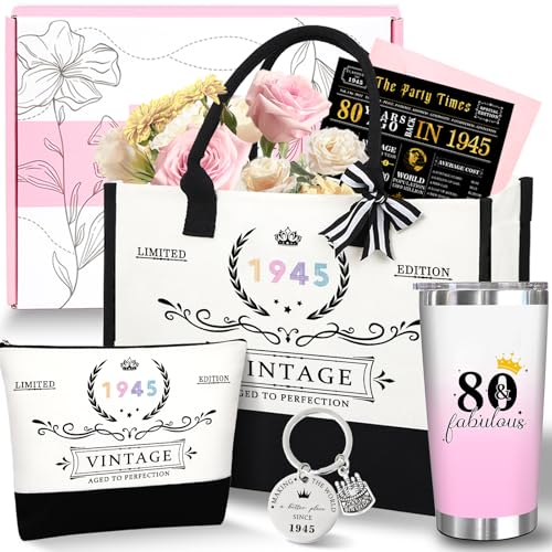 80th 1945 Birthday Gifts for Women, 80 Year Old Birthday Fabulous Gifts for Women, Cool 80th Gift Canvas Tote Bag Set for Woman, Turning 80th Cup Gift Basket for Her Mom Sister Wife