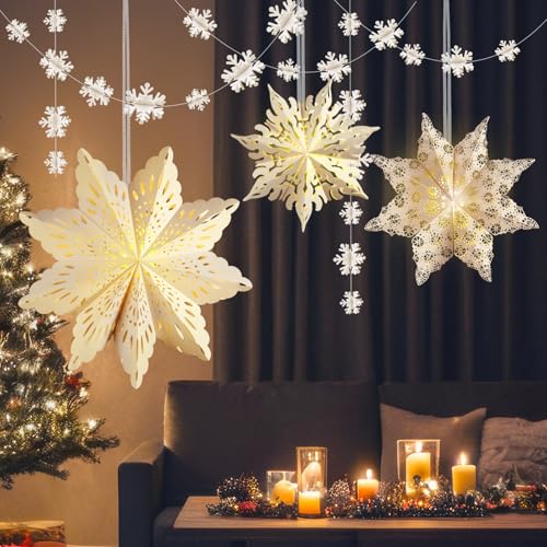 3Pcs Christmas Paper Snowflake Lanterns, Large Christmas Paper Star Lanterns with Lights & Banner White Hanging Snowflake Lamps for Xmas Winter Frozen Weddings Birthday Holiday Party Decorations