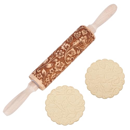 Embossed Wooden Rolling Pin Darker 3D Flower Rattan 35cm Rolling Pin for Thanksgiving Baking Biscuits DIY Kitchen Tool Baking Accessories Homemade Bakery Pastry Cookie Fondant Dough Pizza