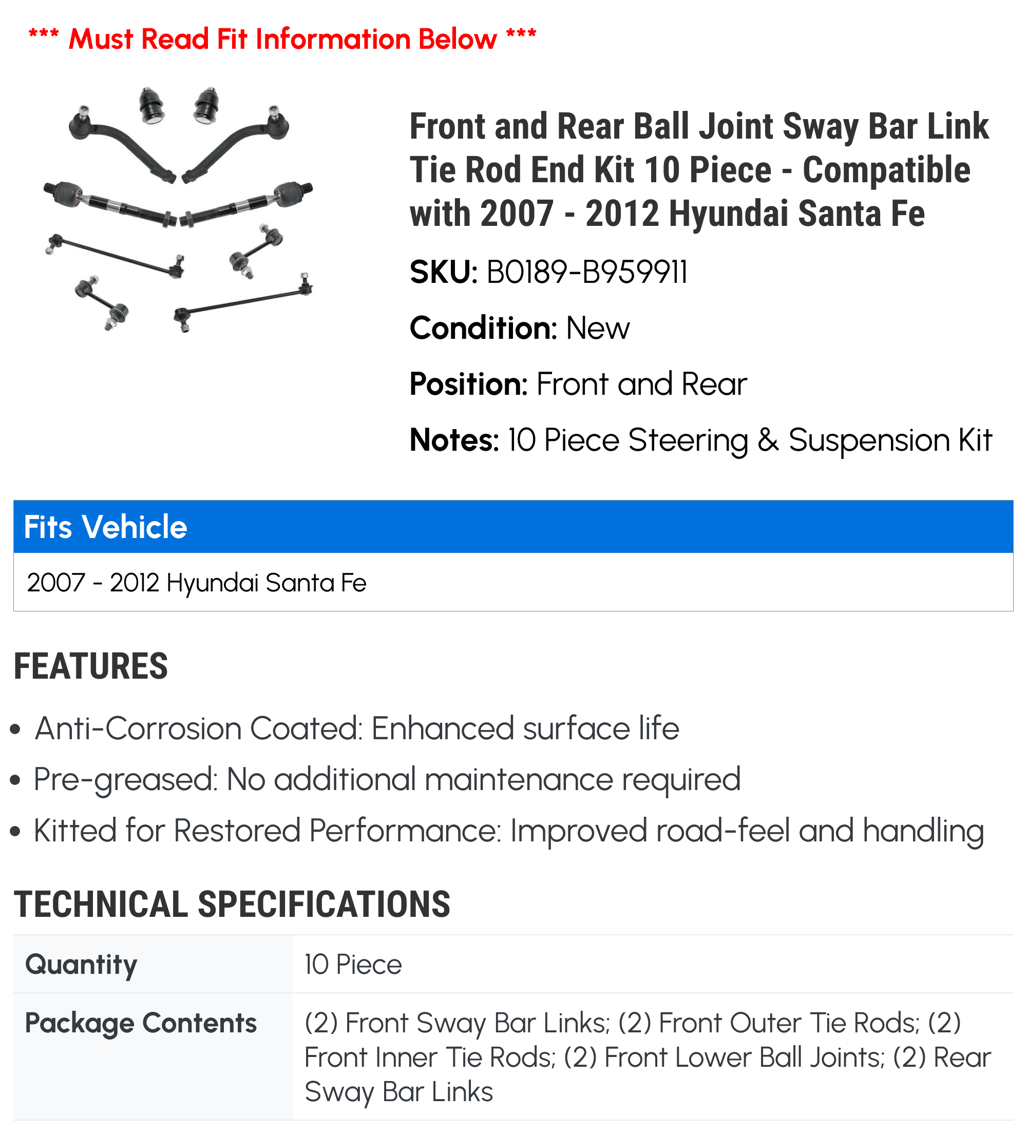 Front and Rear Ball Joint Sway Bar Link Tie Rod End Kit 10 Piece - Compatible with 2007 - 2012 Hyundai Santa Fe 2008 2009 2010 2011