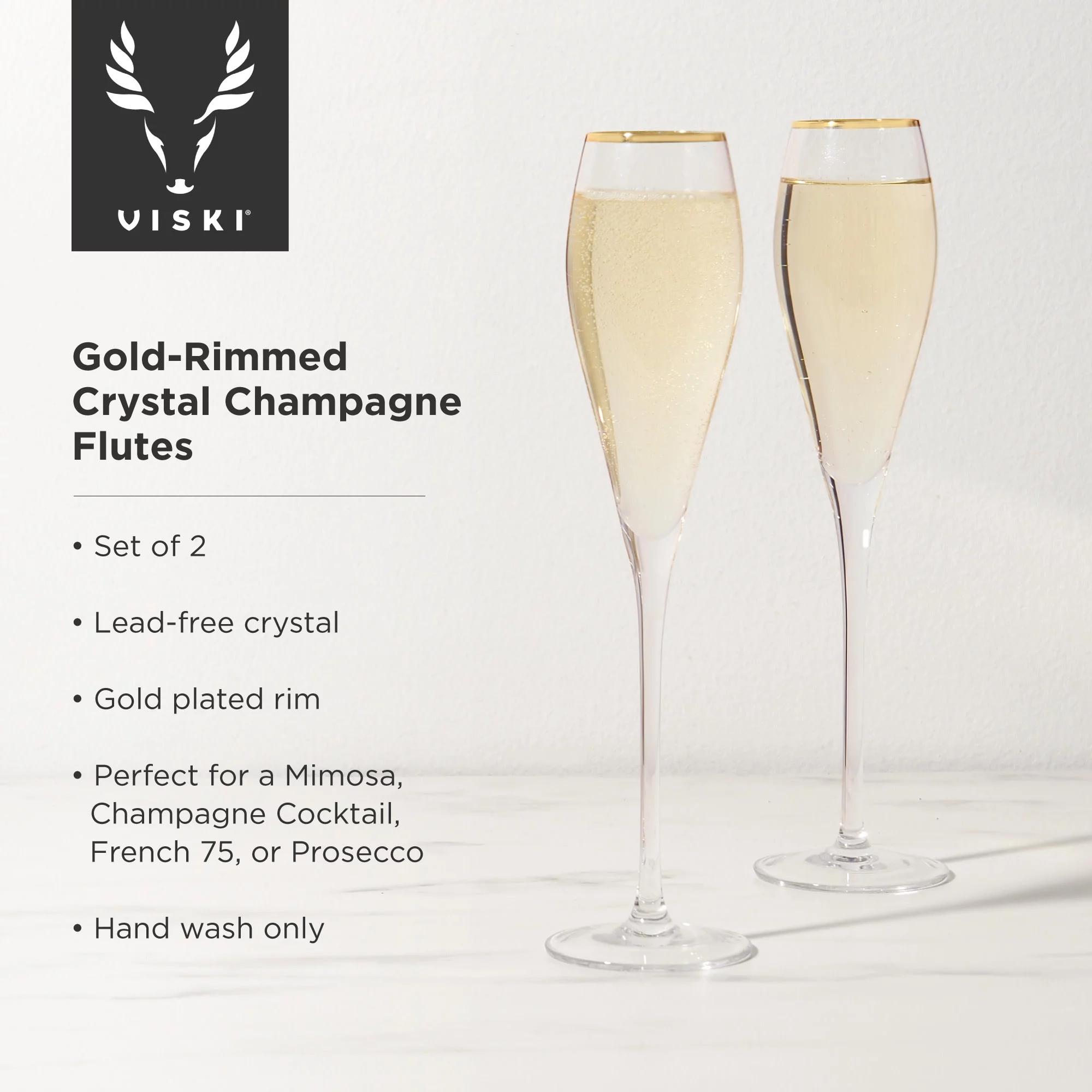 Viski Gold-Rimmed Crystal Champagne Flutes - Champagne Glass Gift Set