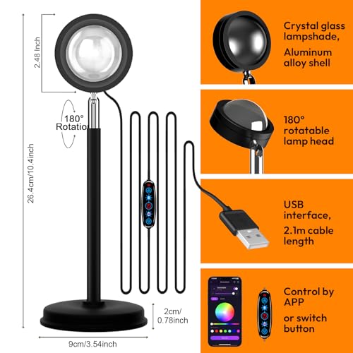 Sunset Lamp Projector with APP Control - 21 Color Changing LED Sunset Light, 180° Adjustable for Photography, Bedroom Decor, Party, Wedding, Mood Lighting