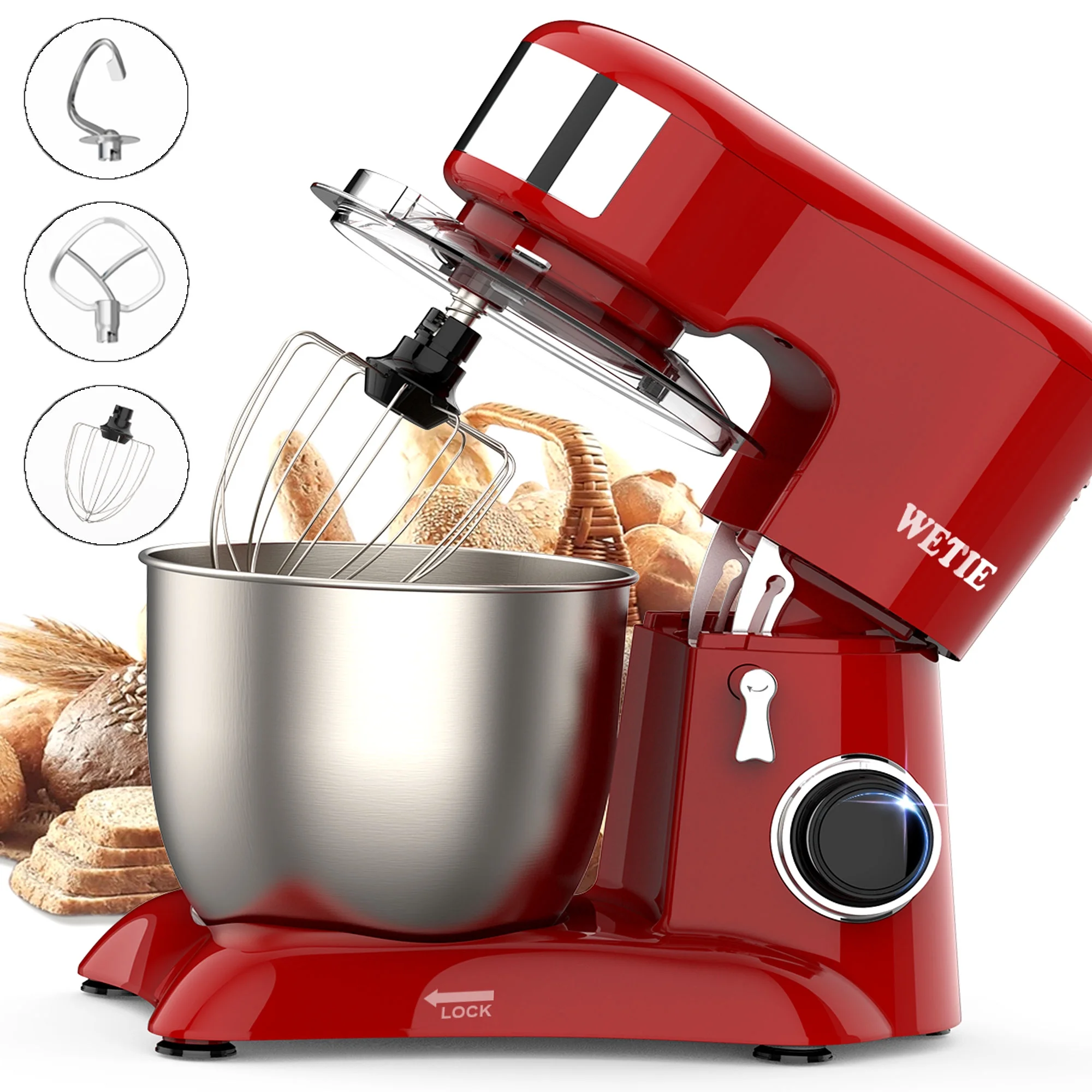 WETIE Stand Mixer with Bowl and Dough Hook, 4.8 Quarts , 10 Speed Kitchen Electric Mixer,Tile-Head,Red