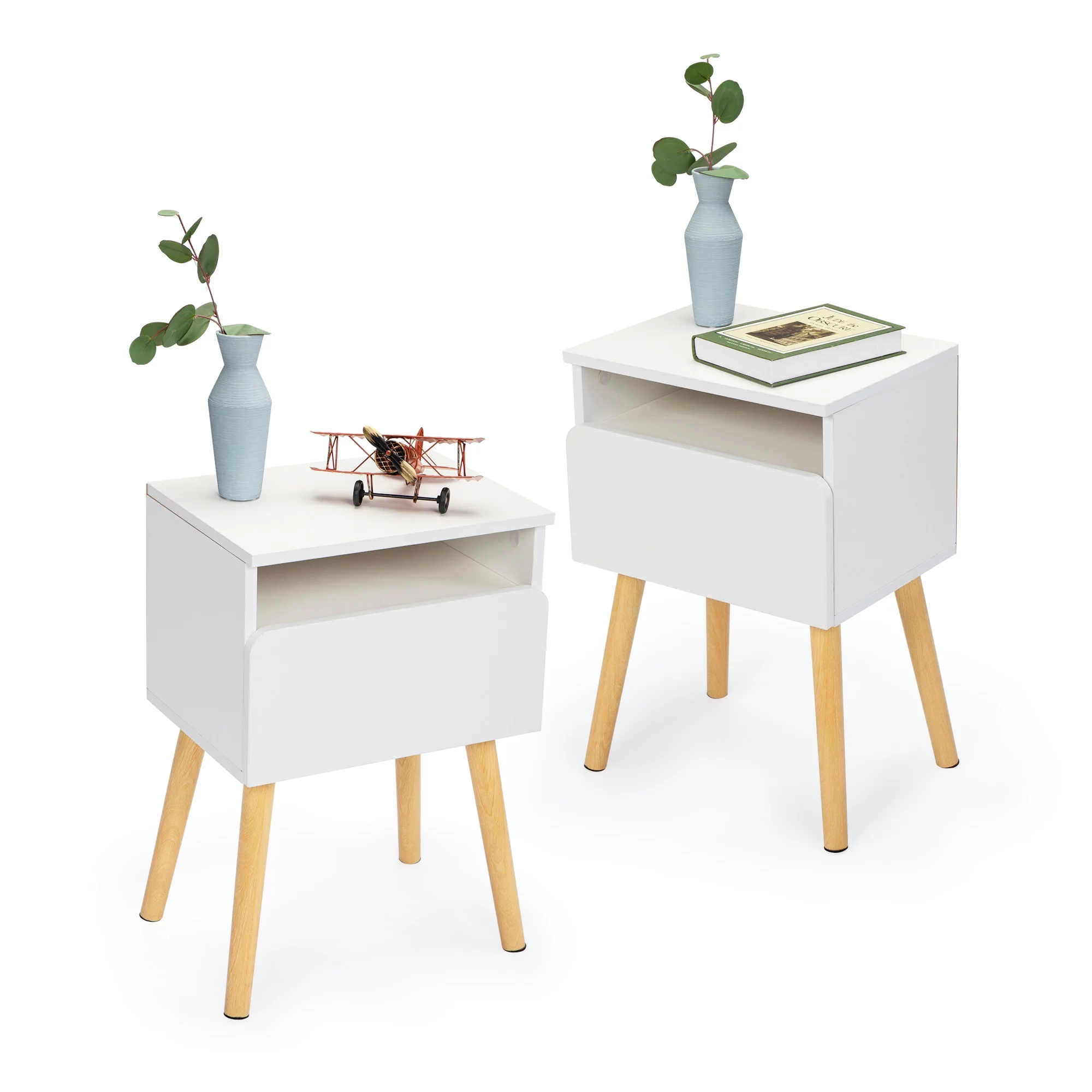 iRerts Nightstands Set of 2, Modern Sofa Side Table Nightstand with Storage Drawer and Shelf, Wood Bedroom End Tables Night Stand, Bedside Table for Bedroom Living Room, White