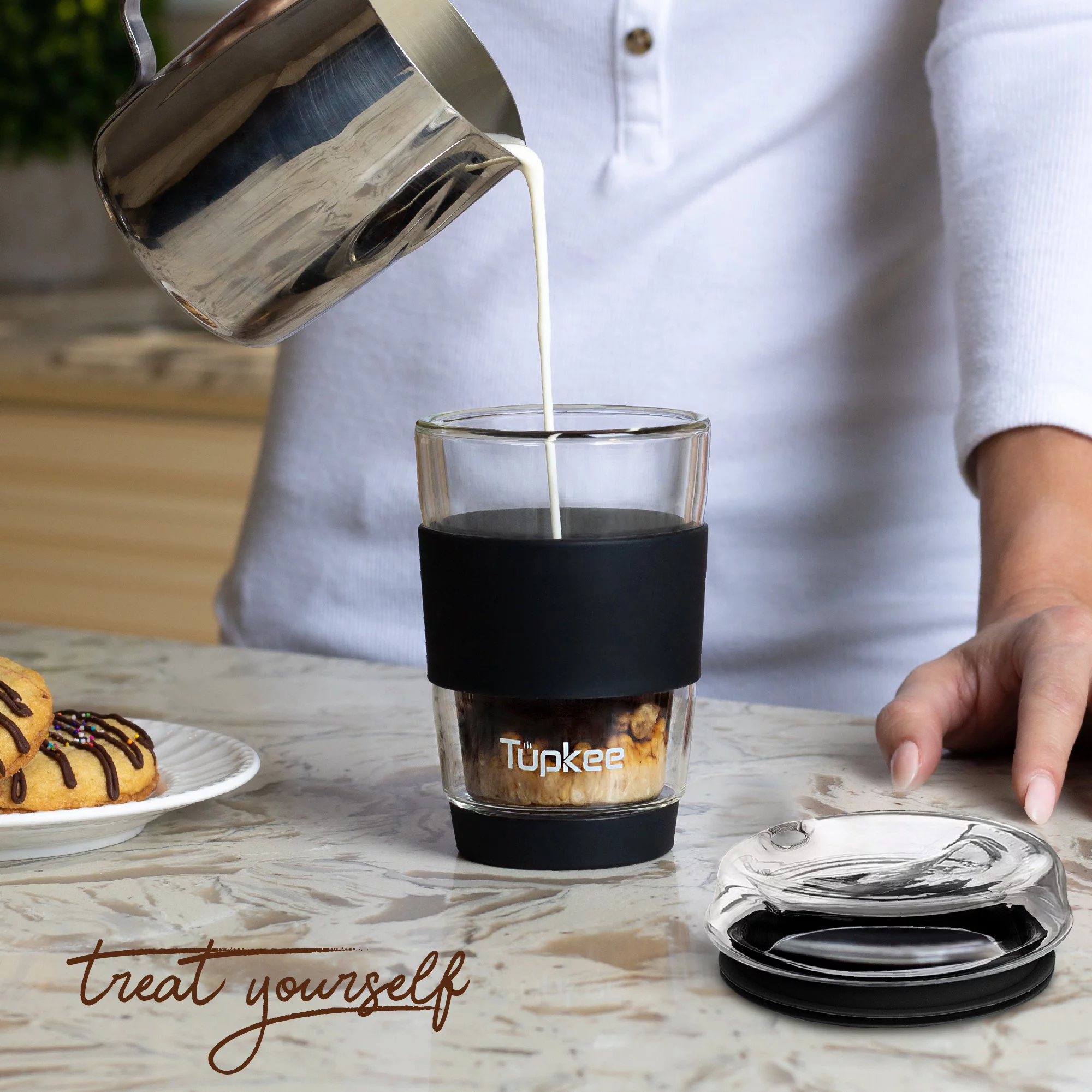 Tupkee Double Wall Glass Tumbler - All Glass Reusable Insulated Tea/Coffee Mug & Lid, Hand Blown Glass Travel Mug, 8-Ounce, Black