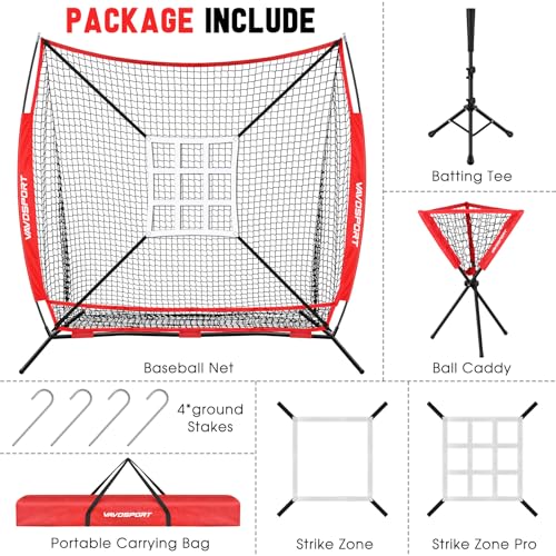 7x7' Baseball & Softball Net for Batting Pitching Hitting - Large Ball Collection System, Portable Baseball Training Equipment with Strike Zone, Tee, Ball Caddy, for Adult Sport,Youth Practice