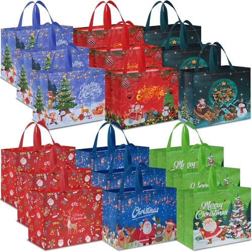 AhfuLife 12 PCS Christmas Gift Bags Assorted Sizes, Reusable Christmas Tote Bags with Handles, Include 4 Extra Large, 4 Large and 4 Medium Non-Woven Xmas Bag with Tissue Paper for Xmas Party