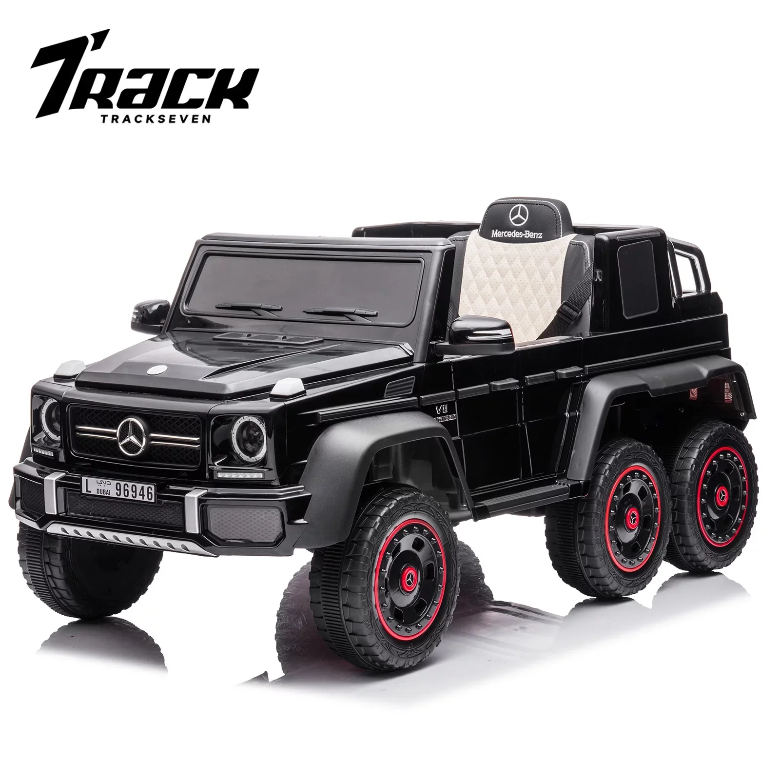 Track 7 24V Ride on Car, Licensed Mercedes Benz G63 24V Electric Car with Remote Control, Music, Bluetooth, Leather Seat, 6 Wheels Kids Ride on Truck, Black