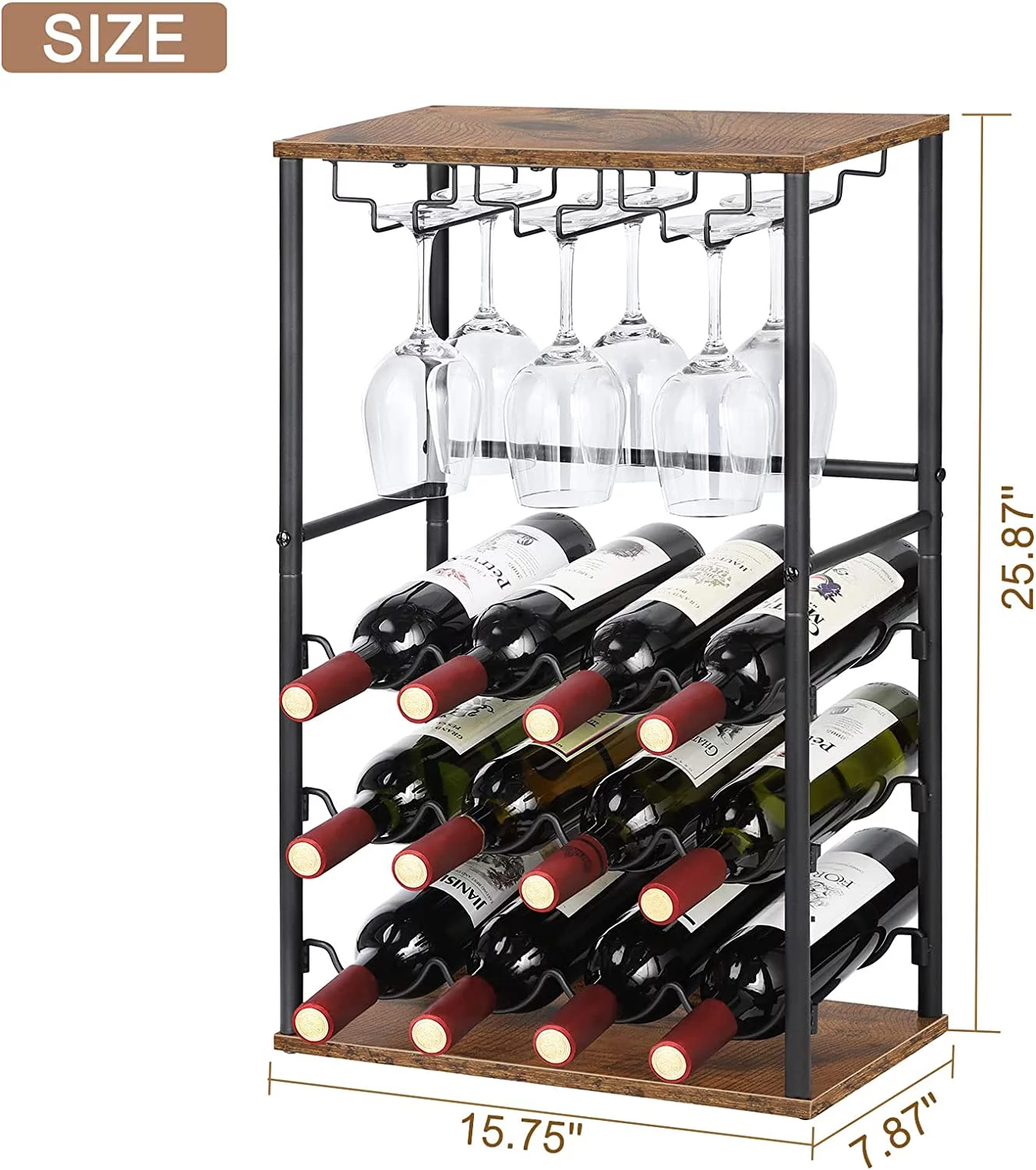 Oumilen 7.11 lb. Countertop Brown Wine Bar Rack, Holds 12 Bottles and 6 Glasses