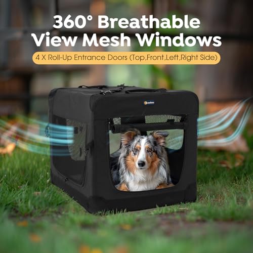 Veehoo 36 inch Folding Soft Dog Crate, 4-Door Portable Collapsible Pet Kennel Travel Dog Crate for Large Dogs, 5 x Durable Mesh Screen, 600D Oxford Fabric, Indoor & Outdoor Use, Black, CWB2428CP
