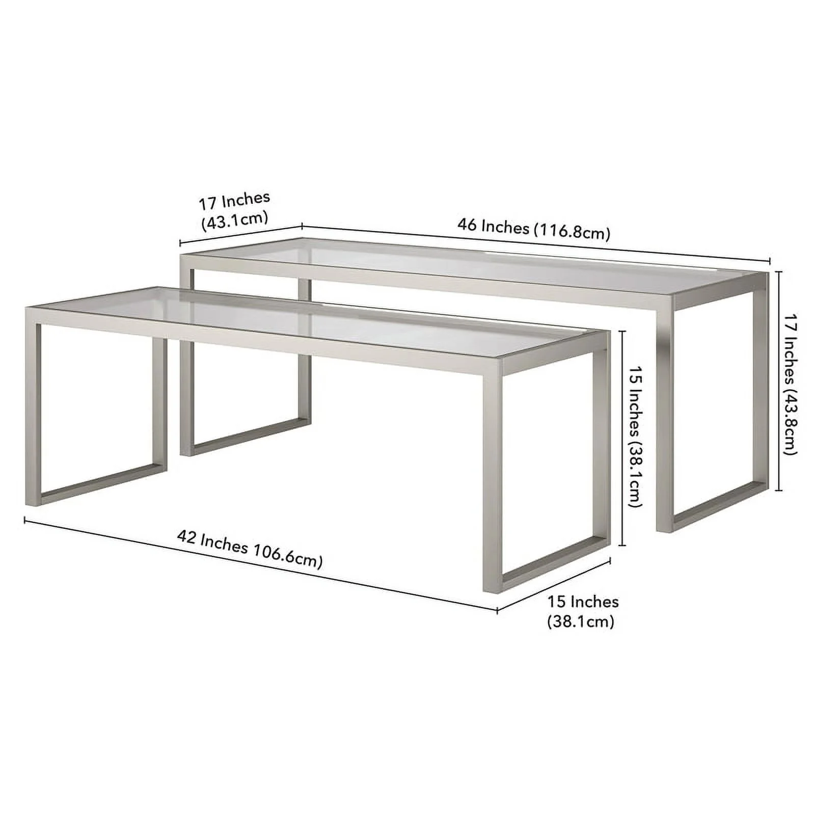 Pemberly Row Metal Rectangle Nested Coffee Table in Gray with Glass Top