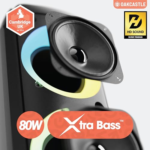 Portable Bluetooth Party Speaker | 80W Power & Rechargeable Battery up to 5H | Big Bluetooth Speaker 2.0 with Wired Microphone | Karaoke Mode, Party LED Lights & EQ Control | Oakcastle PS200