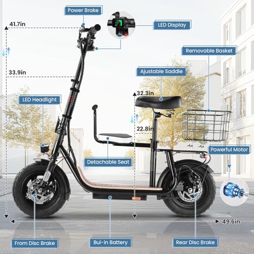 Caroma Peak 500W/800W/1200W Electric Scooter with Seat, 30 Miles Max Range Electric Scooter Adults&Teens, 48V Large Battery, 20MPH Top Speed Foldable Ebike, Adjustable E-Bike with Basket&Kid Seat