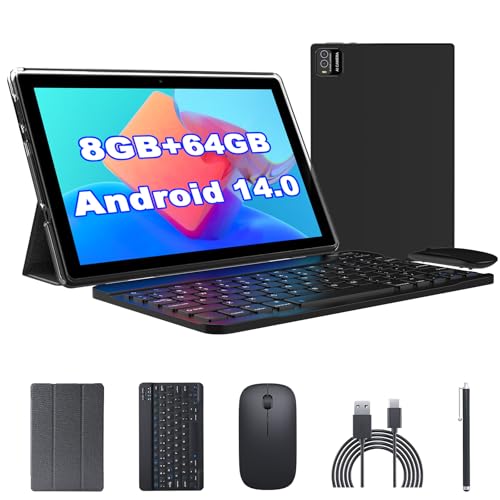 Android 14 Tablet, 10 inch 2 in 1 Tablets with Keyboard Mouse Case Stylus, 8GB+64GB+1TB Expand Tablet, 1.8Ghz Quad-core UPC, 1280*800 IPS Touch Screen Computer, 5G WiFi6 BT 5.0, 6000mAH Battery Tab PC