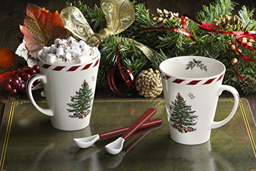 Spode Christmas Tree Peppermint 14oz Mug & Spoon Set (4-Piece) - Festive Earthenware with Candy Cane Motif, Mug for Hot Chocolate, Coffee, Holiday Mornings - Christmas Drinkware