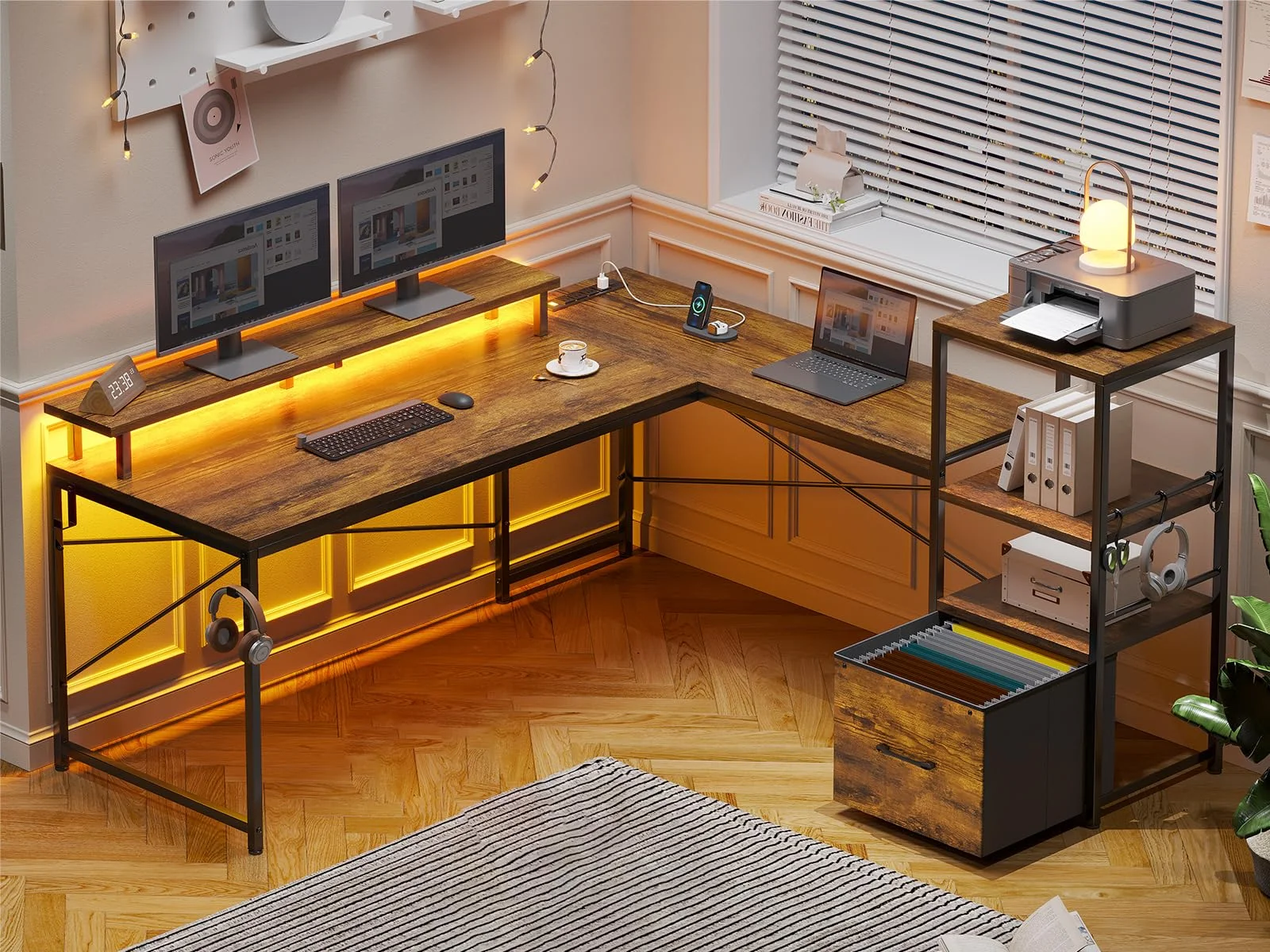 L Shaped Desk with Power Outlets and LED Lights, Reversible Computer Desk with Fabric File Drawer, Rustic Brown