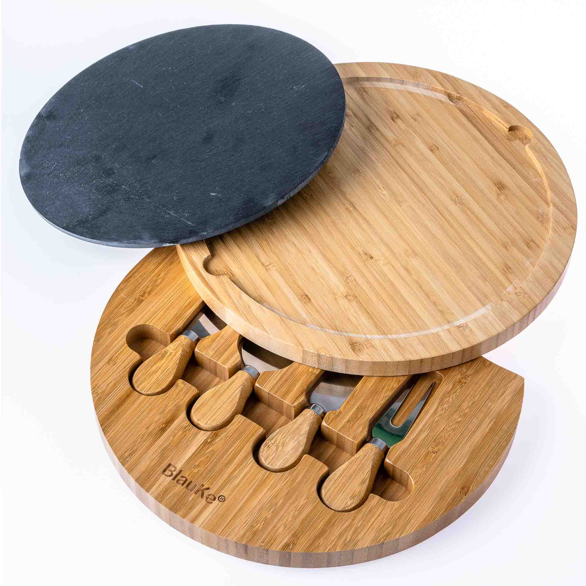 BlauKe® Bamboo Cheese Board with Knife Set and Slate – 12 inch Round Charcuterie Board, Serving Tray, Platter, Wood Cheese Board Set – Gift Idea