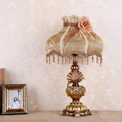 TFCFL Victorian Embroidered Table Lamp, Elegant Fabric Bedside Lamp Light Gorgeous Nightstand Lamp Desk Lamp Light Vintage Painted Resin Base for Bedroom Living Room
