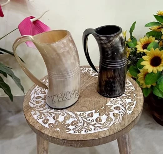Drinking Viking drinking horn Mug | Mug for Hot & Cold Drinks - Food Grade Medieval Style Man's Beer & Mead Cup Natural Finish Gifts Set Of 2 Rustic Vintage Home Decor Gifts