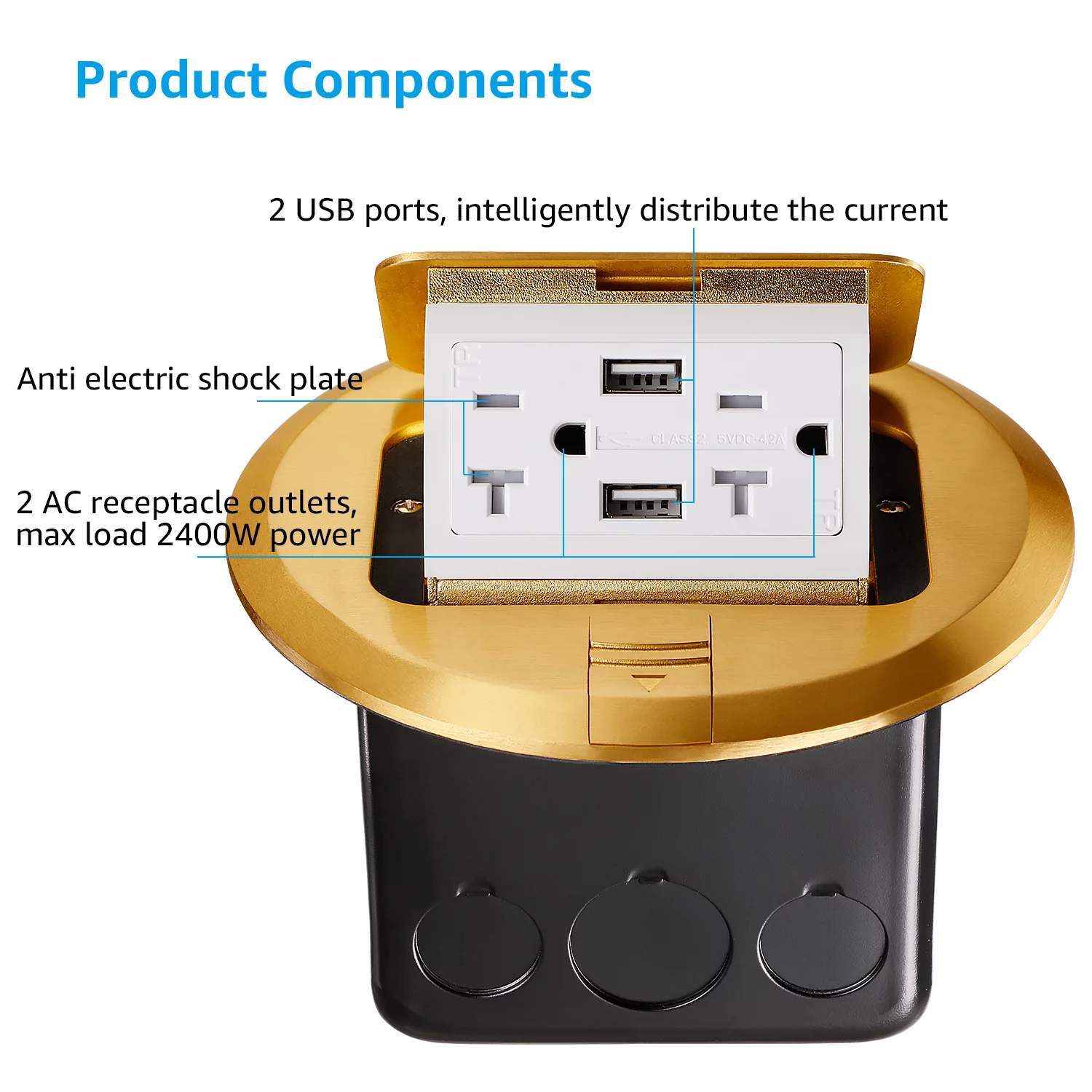 TorchStar Pop-up Brass Cover Electrical Floor Outlet Box, UL Listed 20A 2AC Receptacle Outlets & 2 USB Ports Countertop Box, Damping Spring & Anti Electrical Shock Plate