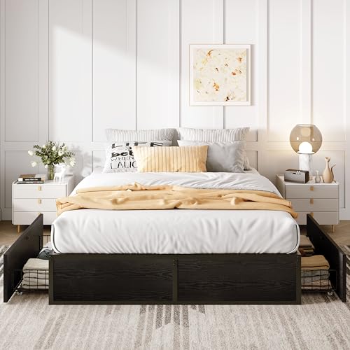 SHA CERLIN Queen Platform Bed Frame with 2 Large Storage Drawers, Rustic Wood and Metal, Noise-Free, Easy Assembly, No Box Spring Needed, Black
