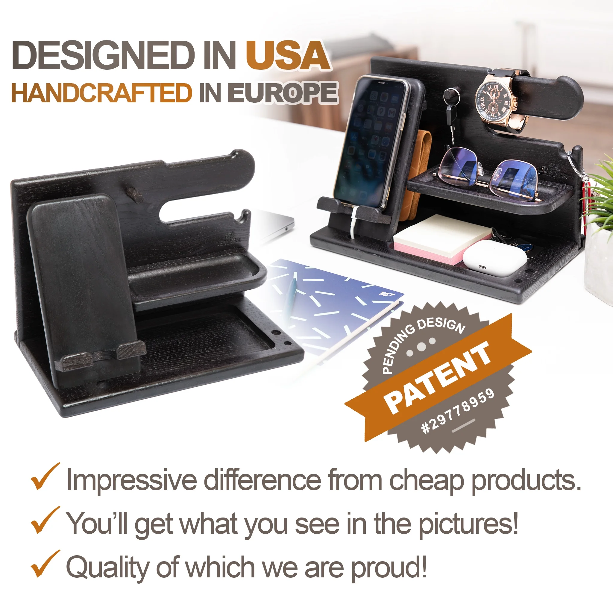 Wood Phone Docking Station Ash Key Holder Wallet Stand Watch Organizer Men Gift Husband Wife Anniversary Dad Birthday Nightstand Purse Father Graduation Male Travel Idea Gadget