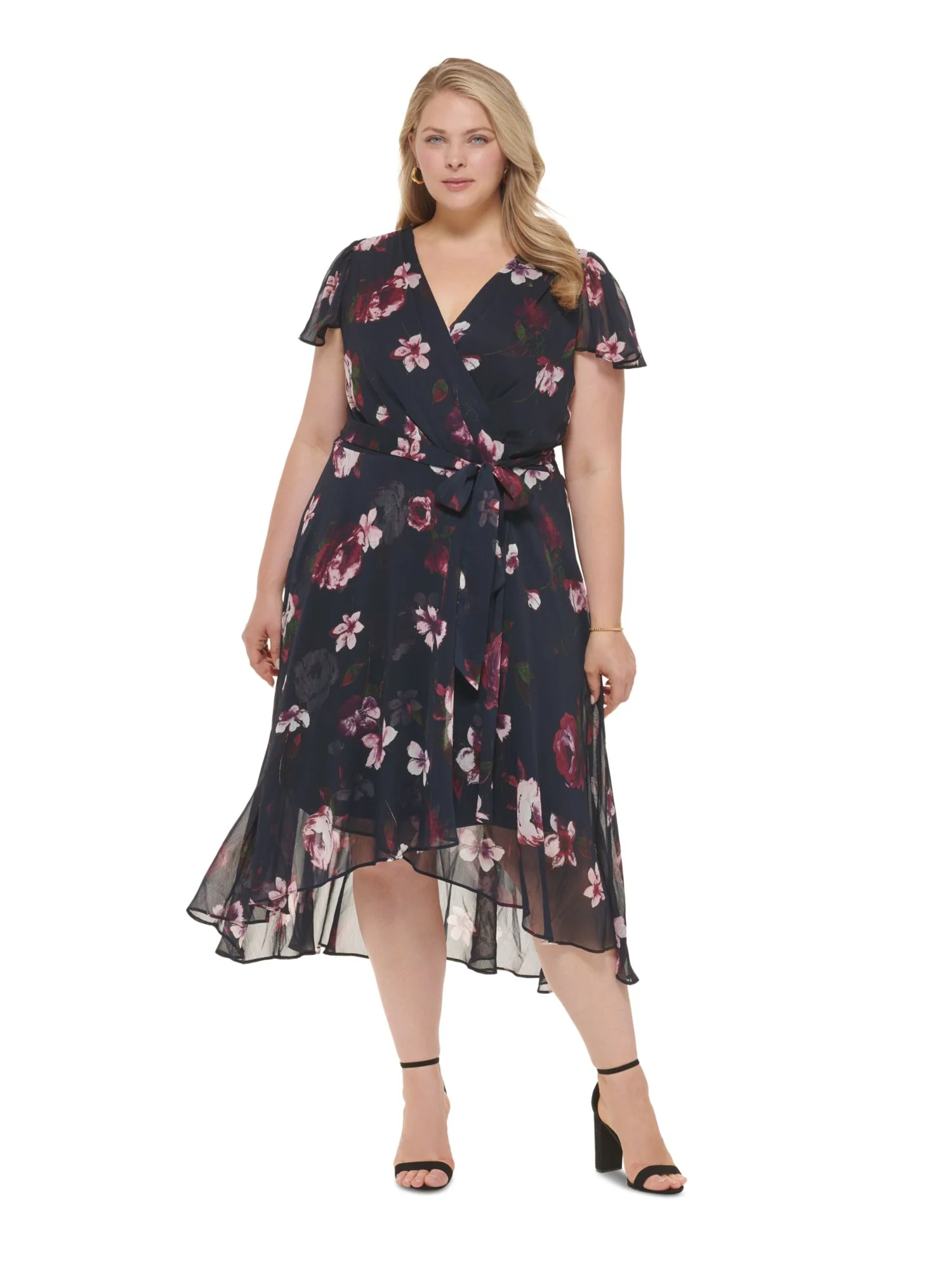 DKNY Womens Navy Zippered Lined Floral Short Sleeve Surplice Neckline Below The Knee Wear To Work Shift Dress Plus 20W