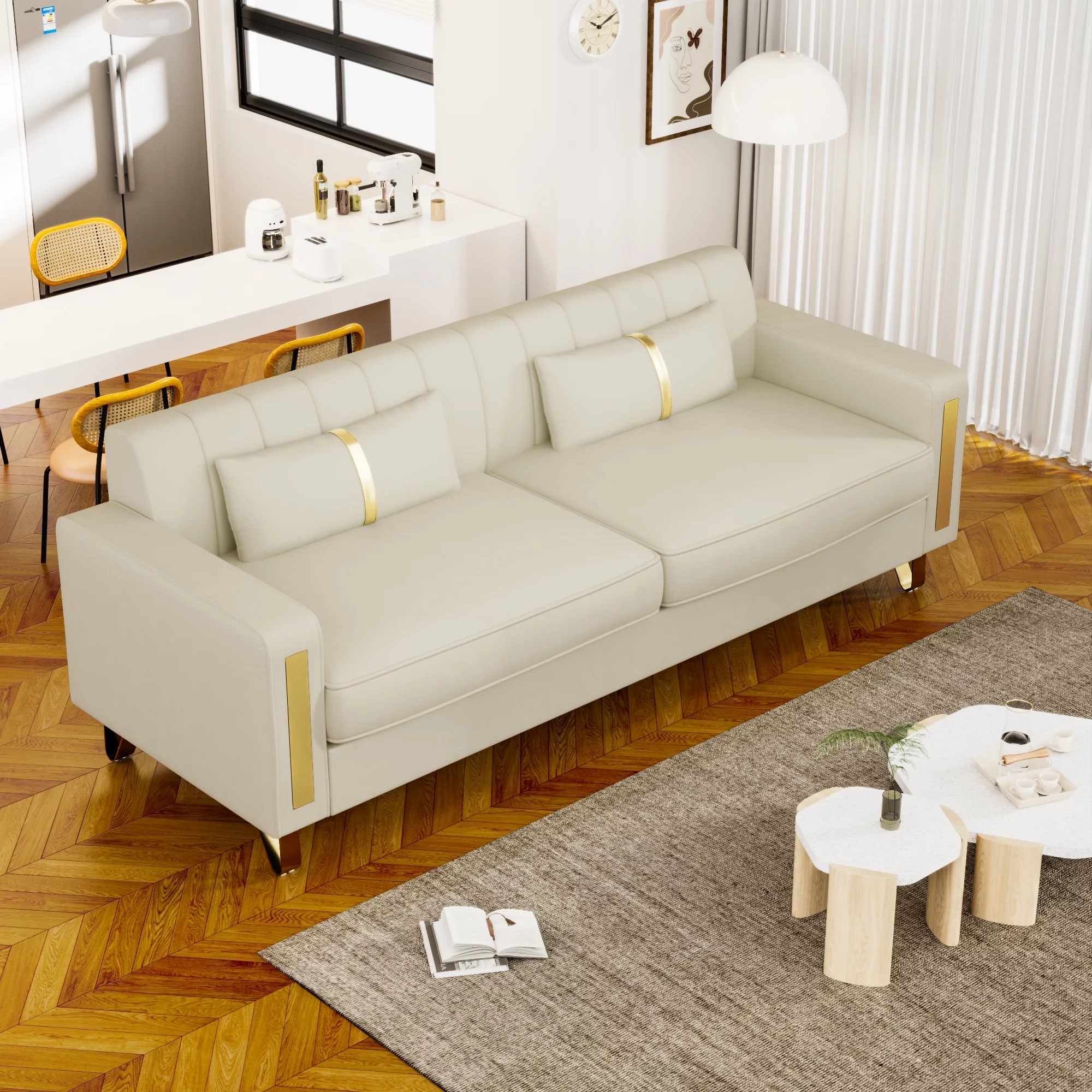 Modern Velvet Upholstered Couch Sofa with Pillows Gold Metal Legs for Living Room Office Bedroom Apartment