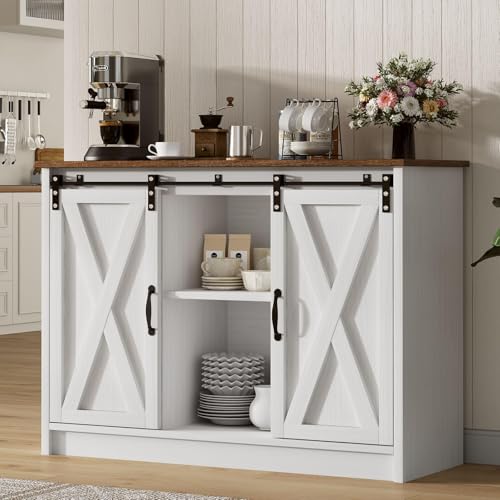 4 EVER WINNER Coffee Bar Cabinet with Sliding Barn Doors, 42” Sideboard Buffet Cabinet with Storage, Farmhouse Coffee Bar Station Table Liquor Wine Bar with Shelves for Kitchen, Espresso