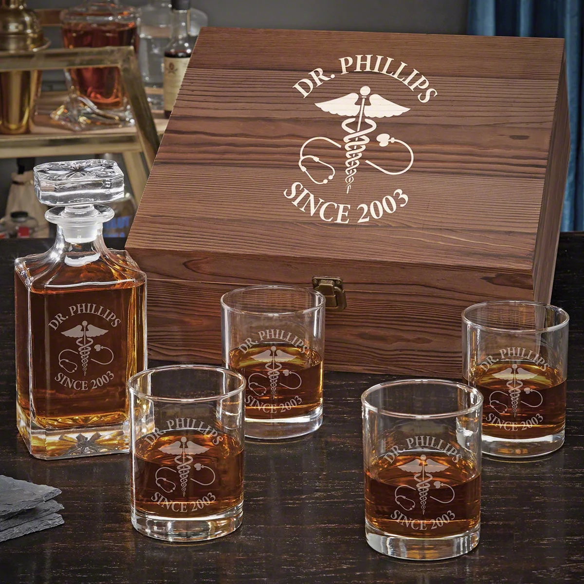 Caduceus Custom Carson Whiskey Decanter and Rocks Glasses Box Set