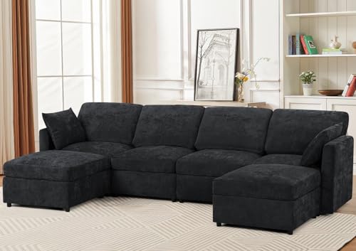 84 Inches Chenille 3-Seater Sofa W/Movable Ottoman, Upholstered Sectional Sofa w/Soft Backrest, Modern Fabric L Shaped Couch w/Armrest Pillows for Living Room, Office, Blue