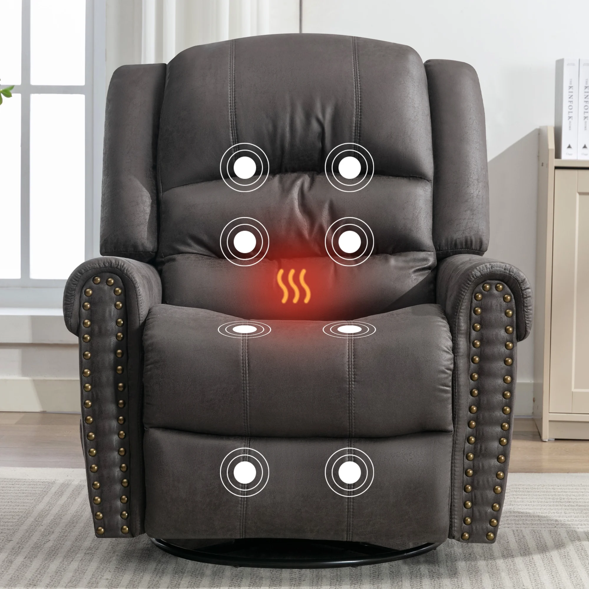 BTMWAY Swivel Recliner Chair, PU Leather Ergonomic Lounge Chair with Vibration Massage, Heat, Rocking Function, Side Pocket and USB Charge Port, Reclining Sofa for Living Room, Gray