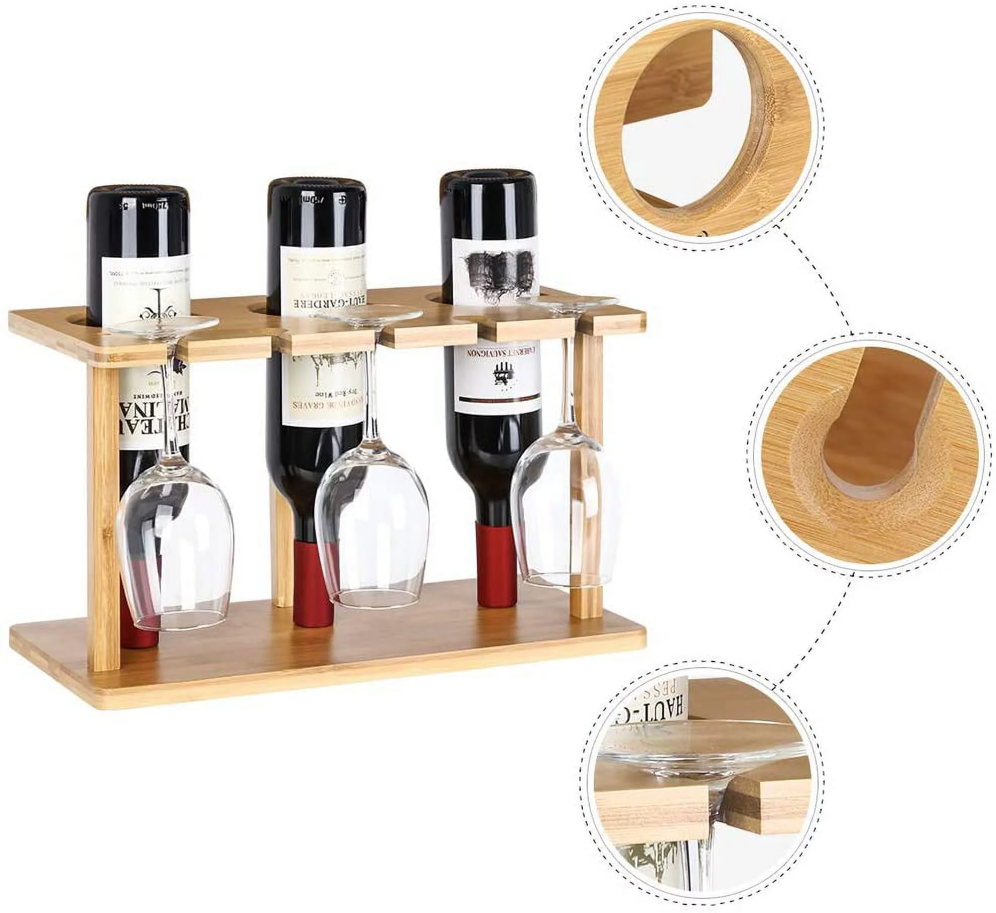 Countertop Bamboo Wine Holder Rack, Holds 3 Bottles & 3 Glasses